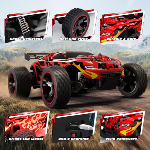 Tecnock RC Cars for Kids, 1:18 Scale 2WD RC Car with USB-C Easy Charging, 2.4GHz Remote Control Car with LED Lights & 50 Mins Playtime, Toys Gifts for Boys & Girls Ages 8-12 - color: Deep Red