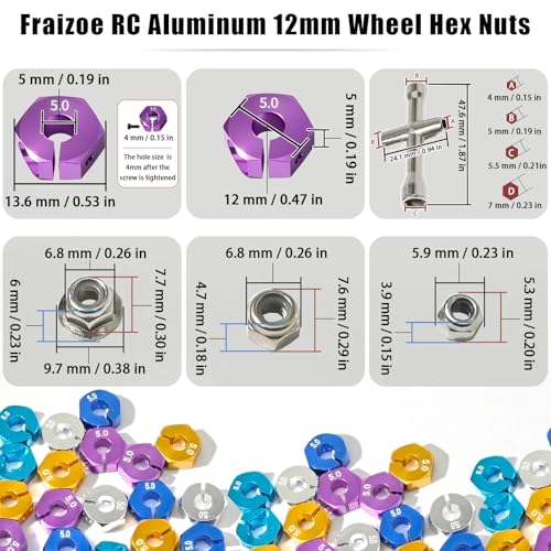 Aluminum 12mm Hex Wheel Hub 4Pcs w/Axle Pin M4 Flange Lock Nut Standard M3 M4 Nut 5mm Thickness Wheel Drive Adapter for 1/10 Traxxas HSP Redcat Rc4wd Tamiya Axial SCX10 WLtoy RC Car(25Pcs) - color: Purple, size: 5.0
