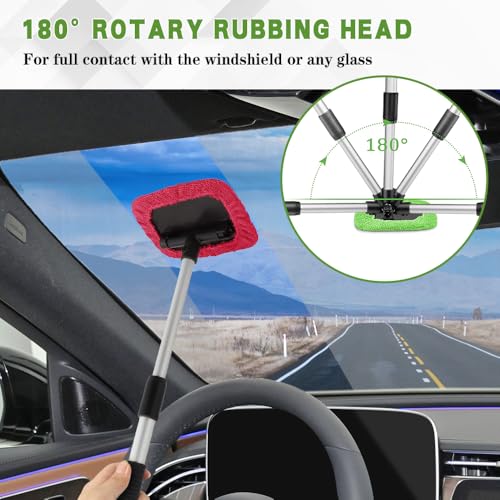 Windshield Cleaning Tool, Car Cleaning Window Tool, Car Window Cleaner with Unbreakable Extendable Handle and Microfiber Cloth, Scratch-Free Car Cleaning Brush for Auto Glass Wiper (Red) - color: Red