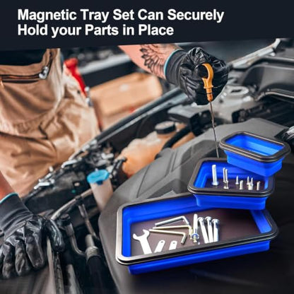 Collapsible Magnetic Parts Tray Set Foldable Magnetic Tray 3 Different Size Silicone Tool Trays for Screw, Bolts,Nuts,with Magnetic Base Stores and Organizes Small Parts and Tools | Magnetic Tray with Magnetic Base 3 Different Size Silicone Tool Trays for