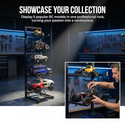 Upgraded RC Car Display Stand Compatible with TRX4, TRX4M, SCX10, FCX18 and Ascent-18, SCX24 RC Crawler Trucks, Adjustable Multilayer Storage Rack Shel for 1/8 1/10 1/12 1/18 1/24 Scale Model Cars