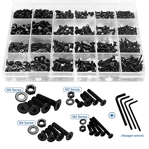 NINDEJIN Hex Socket Flat Head Screw M2 M3 M4 M5 Bolts Nuts and Washer Assortment Kit, 1060 PCS Metric Screws with 4 PCS Allen Wrenches, Small Black Machine Screws Set, 12.9 Carbon Steel | Black Oxide, Carbon Steel Metric Screws, Bolts Nuts, 4 pcs Hex Keys