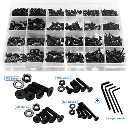 NINDEJIN Hex Socket Flat Head Screw M2 M3 M4 M5 Bolts Nuts and Washer Assortment Kit, 1060 PCS Metric Screws with 4 PCS Allen Wrenches, Small Black Machine Screws Set, 12.9 Carbon Steel | Black Oxide, Carbon Steel Metric Screws, Bolts Nuts, 4 pcs Hex Keys