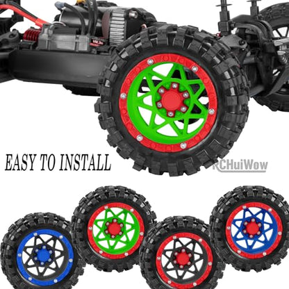 1/16 RC Wheels and Tires 4PCS, RCHuiWow 12mm Hex Plastic Rim Tires Set for 1/16 M-J-X16207-210,H-B-X16889-890,S-C-Y16101-106,Summit E-Revo Gorgon Grom,Mini Kraton 3S RC Truck Upgrades,Green&Red - color: Green&red(4pcs)