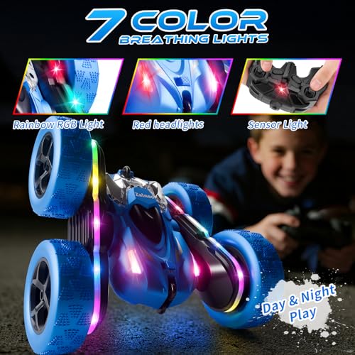 Remote Control Stunt Car 4WD 360° Flip Double‑Sided RC Cars, LED Light Bar, USB‑C Modular Battery, 2.4 GHz Outdoor Beach Toy for Boys 6‑12 Years Old, Birthday & Christmas Kids Gift, Blue - color: Blue