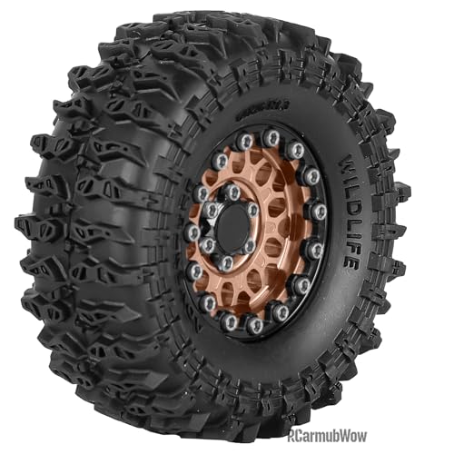 1.3" Beadlock Wheels Tires Set Aluminum Alloy w/Metal Steel Ring for TRX4M SCX24 FCX24 Ascent-18 1/18 1/24 RC Crawler Upgrade Parts,RCarmubWow 1.3 Beadlock Wheels and Tires,4pcs,Brown - color: Brown(4pcs)