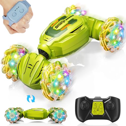 Gesture Sensing RC Stunt Car, Remote Control Car Christmas Birthday Gifts for Kids Age 6-12, 2.4Ghz Hand Controlled Twist Cars, 360° Rotating Off Road Car Toy for Boys Girls Age 6 7 8 9 10 11+(Green) - color: Green