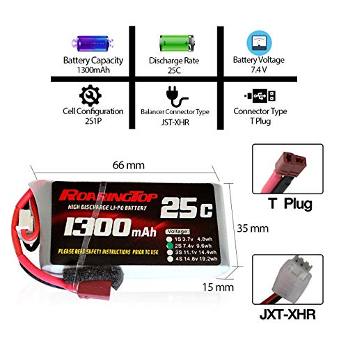 RoaringTop LiPo Battery Pack 25C 1300 mAh 2S 7.4V with T-Plug for RC Car Boat Truck Heli Airplane
