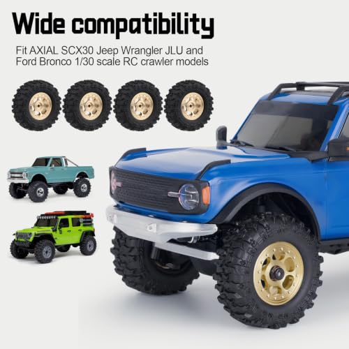 HobbyPark Brass Wheels and Tires for 1/30 Axial SCX30 Upgrades RC Crawler Parts 33x14mm 0.7" Tire with Foam Inserts, Set of 4 (Gold-6 Holes Rims) - color: Gold-6 Holes Rims