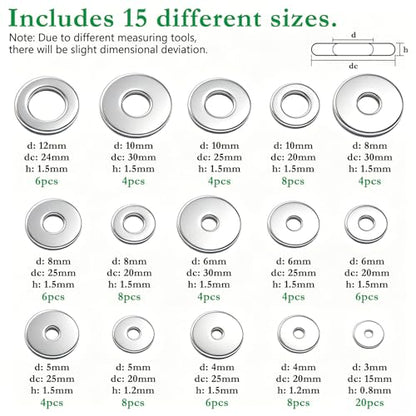 100PCS 304 Stainless Steel Fender Washer Assortment Kit, Washers for Bolts, 15 Metric Sizes Fender Washers for Screws -M3, M4, M5, M6, M8, M10, M12 for Home & Industrial Usage - size: M3-M12 (100PCS), style: Fender Washer