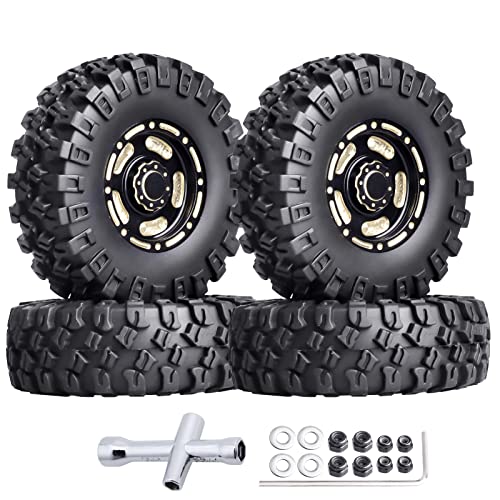 HobbyPark Brass 1.0 Beadlock Wheels & Tires for 1/18 TRX4M Upgrades Parts 1/18 SCX24 1/24 RC Crawler Replacement, Set of 4 (Type B) - style: Type B