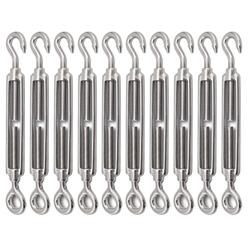 10Pack M6 Turnbuckle Hook and Eye, Stainless Steel Cables Wire Turnbuckles, Heavy Duty Turnbuckle for Wire Rope Tension, Cable Railing Hardware Kit for Sun Shade Sail, Tent Installation