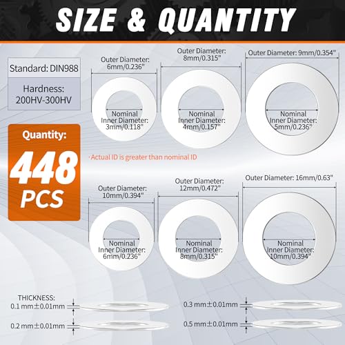 Shim Washer 3x6 4x8 5x9 6x10 8x12 10x16 Precision Spacers Kit 0.1-0.5mm | 0.1mm 0.2mm 0.3mm 0.5mm Thick 24 Size 448pcs 304 Stainless Steel Flat Shim for Bearings Gearboxes CNC & RC Tuning, DIN 988 - size: 3x6 4x8 5x9 6x10 8x12 10x16 448pcs