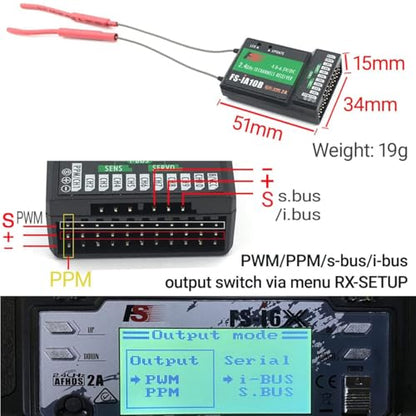 FS-i6X Transmitter and FS-iA10B 10-CH Receiver for RC Models Flysky | 10 Channels 2.4GHz Flysky AFHDS2A | for FPV Quadrotor, Fixed Wing, Car and Boat (Mode 2 Left Hand)