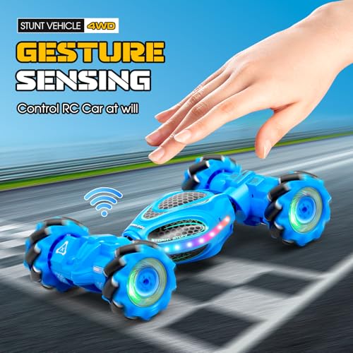 Gesture Sensing RC Stunt Car - Boys Toys Age 6-12, 4WD Hand Controlled Remote Control Drift Twist Offroad 360° Rotation Car with Light & Music, Cool Birthday Presents and Ideas Gifts for Kids Blue - color: Blue