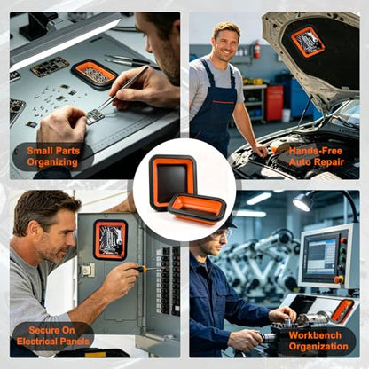 Collapsible Magnetic Parts Tray Set (2-Pack, S&M) - 1000-1200GS Strong Magnet, Silicone Foldable Tray for Screws, Bolts, Nuts, Washers - Ideal for Mechanics & Auto Repair (Orange)