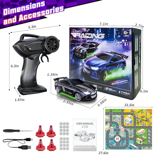 Mini RC Car 1:64 Scale, Remote Control Desktop Car for Adults & Kids | 2.4GHz RC Drift Car with LED Lights & 2 Speeds, Includes 4 Obstacles & Track Mat, Hobby Gift for Boys, Black - color: Black