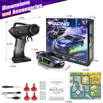 Mini RC Car 1:64 Scale, Remote Control Desktop Car for Adults & Kids | 2.4GHz RC Drift Car with LED Lights & 2 Speeds, Includes 4 Obstacles & Track Mat, Hobby Gift for Boys, Black - color: Black