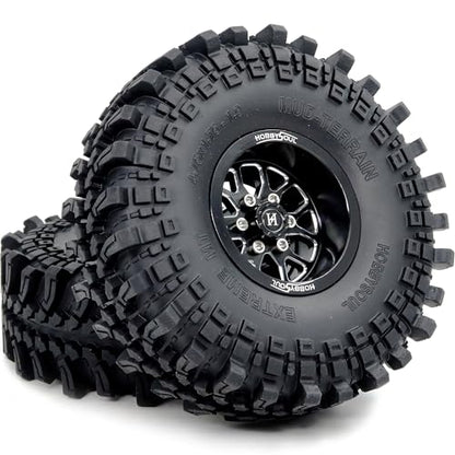4pcs -10.5mm Negative Offset 1.9 Beadlock Wheels and Tires, 121mm Tall 1.9'' tyre and Rims for 1/10 RC Mud Crawler SCX10 TRX4 Gen8 Upgrades - color: Black