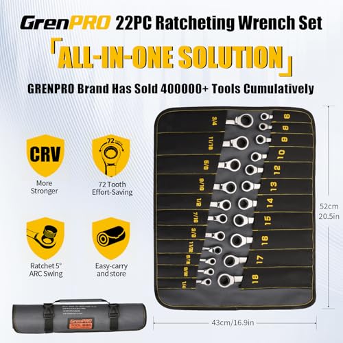 GRENPRO 22PC Ratcheting Wrench Set SAE&Metric Combination Open End Wrenches | 1/4"-3/4"&6-18mm Ratchet Wrenches, Gauge CR-V 72-Tooth 5° Swing 12Pt Mechanic Tools Sets, Roll Pouch for Auto & Home Repair - style: 22PCS Ratcheting Wrench Set Metric&SAE