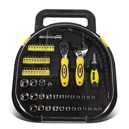 DNA MOTORING 64pcs Mechanic's Auto & Home Repair Tool Box, Screwdriver Bit Tool Set, SAE and Metric Socket Wrench Set, Yellow/Black, TOOLS-00027 - style: Mechanic Repair Tool box