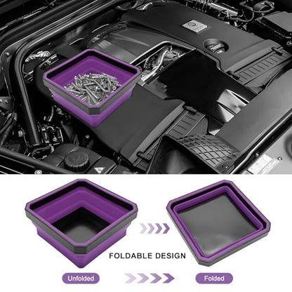 Collapsible Magnetic Parts Tray, 4.5" Square Silicone Metal Parts Organizer Double-Sided Magnet Bowl, Foldable Magnetic Tool Trays for Screws Bolts Nuts Washers Pins (Purple) - color: Purple