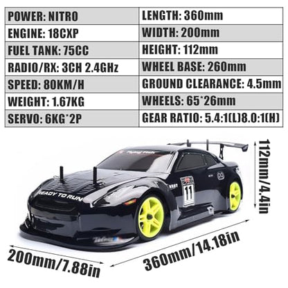 Nitro RC Cars 1/10 Two Speed Nitro Gas Power Car for Adults - Fast Drift 4WD 80KM/H Metal Chassis Gas Off Road Short Course Truck (Black) - color: Black
