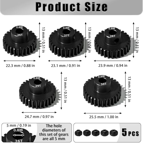 5Pcs 0.8M Hardened Steel Pinion Gear Set 5mm Shaft 26T 27T 28T 29T 30T Motor Pinion Gear with M4 Screw and Hex Key, for Arrma HPI Kyosho Losi Axial Traxxas Tamiya 1/10 RC Car and 540/550 Motors - size: 0.8M-5mm-26-30T