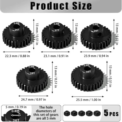 5Pcs 0.8M Hardened Steel Pinion Gear Set 5mm Shaft 26T 27T 28T 29T 30T Motor Pinion Gear with M4 Screw and Hex Key, for Arrma HPI Kyosho Losi Axial Traxxas Tamiya 1/10 RC Car and 540/550 Motors - size: 0.8M-5mm-26-30T