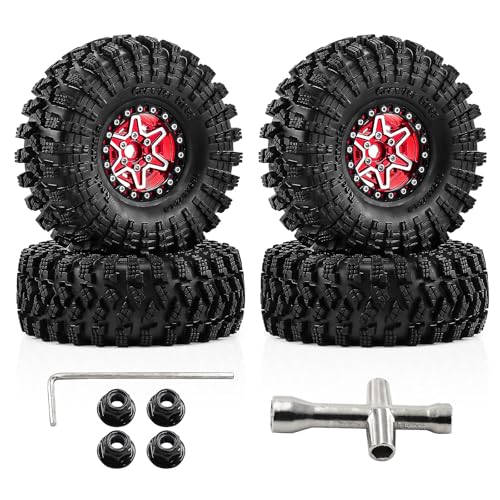 1.9" Beadlock Wheels and Tires 120mm (4.72in) for SCX10, TRX4, and 1/10 RC Crawlers, CNC Aluminum Alloy Rims, Soft Tires with Foam Inserts, Tool Included (Red+W tires) - color: Red+W tires