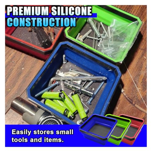 3PCS Magnetic Foldable Tray, Collapsible Tool Organizer Tray Set with Magnetic Base, 4.5 Inch Square Auto Parts Silicone Bowl, Car Storage Accessories for Holding Nuts, Bolts, Small Parts
