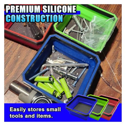 3PCS Magnetic Foldable Tray, Collapsible Tool Organizer Tray Set with Magnetic Base, 4.5 Inch Square Auto Parts Silicone Bowl, Car Storage Accessories for Holding Nuts, Bolts, Small Parts
