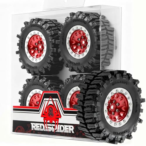 REDSPIDER RC 1.3inch Beadlock Wheels and Crawler Tires 64mm * 26mm Mud Slingers X Super Soft Sticky Tyres For RC 1/24 1/18 Scale Crawler TRX4M SCX24 FCX24 FCX18 (Red) - color: Brown