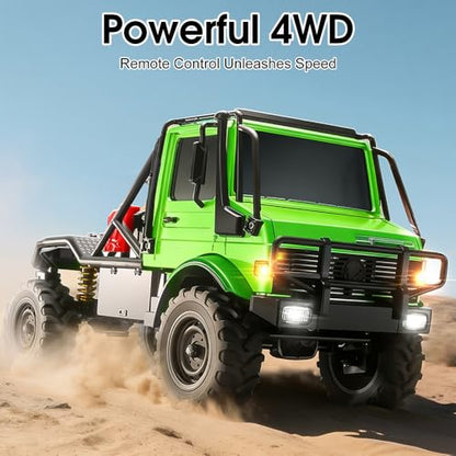 RC Semi Truck, 1:18 Scale RC Crawler, MN-333 Remote Control Car, 2.4GHz 4WD All Terrain Off Road RC Truck Transport Vehicle with LED Lights and 2 Batteries for Adults (Green) - color: Green