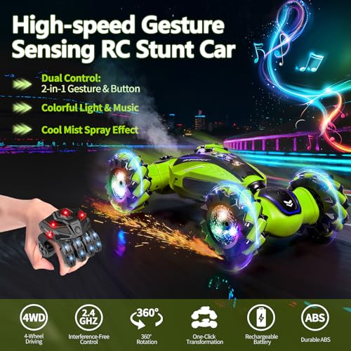 Gesture Sensing RC Stunt Car with Light Music and Mist Spray for Kids 6+, 4WD Off-Road Drift Remote Control Car, 2.4GHz Glove Remote, Rechargeable Toy Vehicle for Boys and Girls Birthday Gift - color: Green