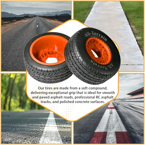 1/10 RC Short Course Truck Rubber Tires & Nylon Rims- 12mm/17mm Hex, Orange | All-Terrain Tires and Wheels Compatible with 1/10 Traxxas Slash 4WD 2WD Arrma Senton Axial Losi Redcat RC Buggy, 4-Pack - color: Orange