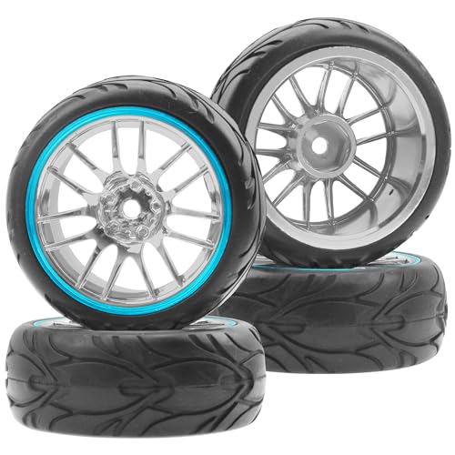 ShareGoo RC OD 2.59" Plastics 12mm Hex Wheels Rims & Rubber Tires Set 14-Spoke Compatible with Traxxas Tamiya Sakura HSP Kyosho WLtoys 1/10 RC On-Road Racing Touring Car (Blue) - color: Blue