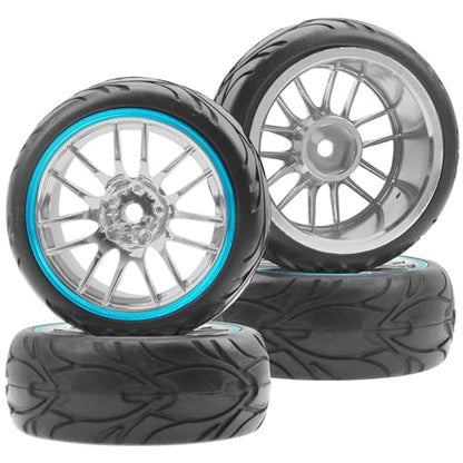 ShareGoo RC OD 2.59" Plastics 12mm Hex Wheels Rims & Rubber Tires Set 14-Spoke Compatible with Traxxas Tamiya Sakura HSP Kyosho WLtoys 1/10 RC On-Road Racing Touring Car (Blue) - color: Blue