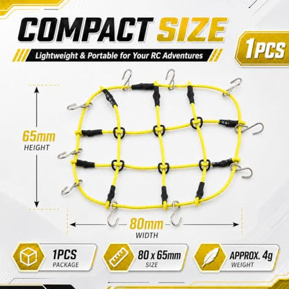 1:24 RC Roof Cargo Net with Hooks, 80x65mm Elastic Luggage Net for Axial SCX24 90081 AXI00002 AXI00001 AXI90081 C10 JLU Gladiator Bronco TRX4M 1/24 1/18 RC Crawler Scale Accessories, Yellow - color: Yellow