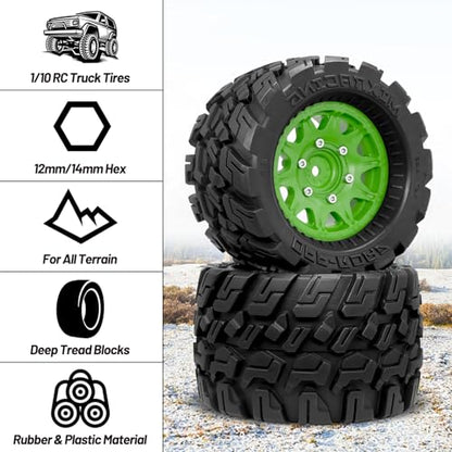 OGRC Wheels and Tires 12mm/14mm Hex RC Truck Tires with Foam Inserts for 1/10 Scale Arrma Granite Axial Losi Redcat Rc4wd RC Monster Truck Buggy (Green) - color: Green
