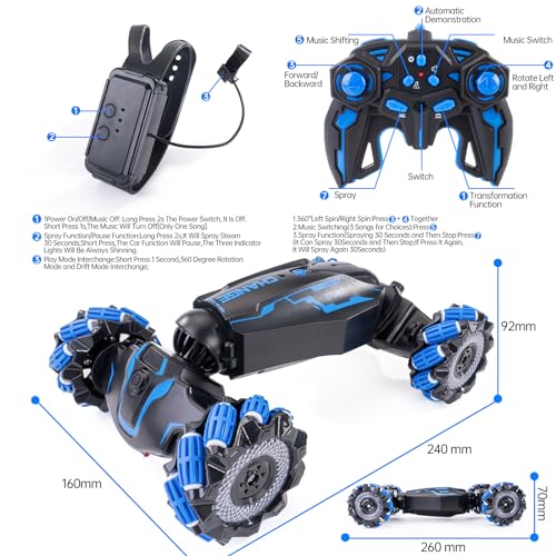 4WD Remote Control Gesture Sensor Car, Double-Sided Rotating 360° Flips Drift, with Lights Music, RC Stunt Twist Car Birthday Presents for 5-12 Kids (Blue) - color: L-blue