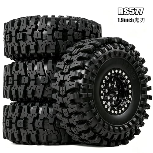 1/10 RC Crawler Tires and Wheels, 1.9" 120mm Rubber Rock Crawler Tires with Beadlock Rims, 4PCS RC Tires for Axial SCX10 TRX-4 1/10 Scale RC Off-Road Trucks (Black) - color: Black