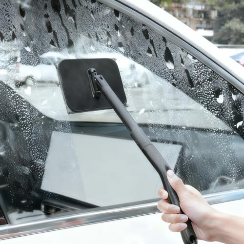 Car Windshield Cleaning Tool, Vehicle Window Glass Cleaner with 4 Reusable Microfiber Pads & Extendable Handle, Automotive Interior Windscreen Wash Kit, Universal for Most Vehicles