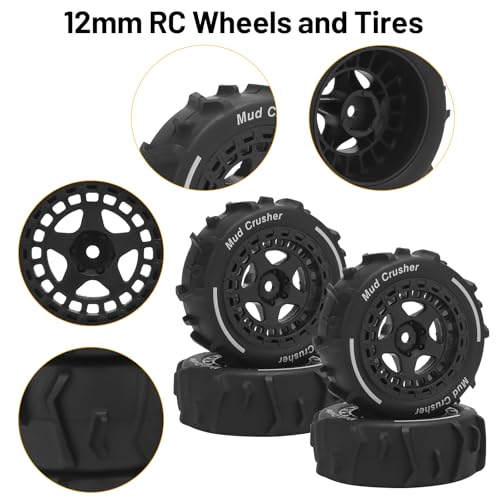 1/14 RC Wheels and Tires, daitoku 12mm Hex Hub RC Car Beach Tires for ARRMA 1/14 Typhon GROM - Black - color: Black