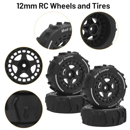 1/14 RC Wheels and Tires, daitoku 12mm Hex Hub RC Car Beach Tires for ARRMA 1/14 Typhon GROM - Black - color: Black