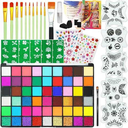 54 Color Face Painting Kit - Non-Toxic Water Based Face and Body Paint Set with Brushes, Stencils, Sponges - For Sensitive Skin, Halloween, Carnival, Birthday Parties, Festivals & Events. - color: 54 Color Face Painting Set