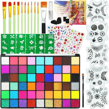 54 Color Face Painting Kit - Non-Toxic Water Based Face and Body Paint Set with Brushes, Stencils, Sponges - For Sensitive Skin, Halloween, Carnival, Birthday Parties, Festivals & Events. - color: 54 Color Face Painting Set