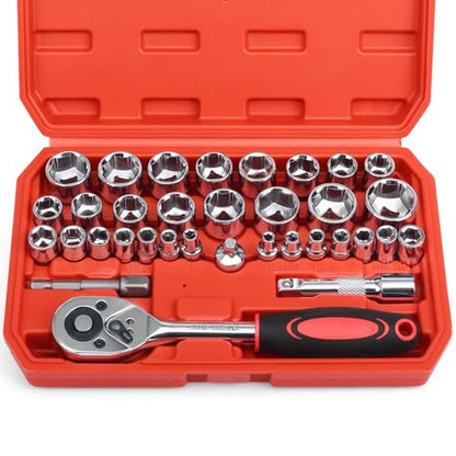 Egofine 34 Pieces 3/8 inch Drive Socket Ratchet Wrench Set, with Socket Set Metric/SAE and Extension Bar for Auto Repairing and Household, with Storage Case - style: 3/8" 34 PCS