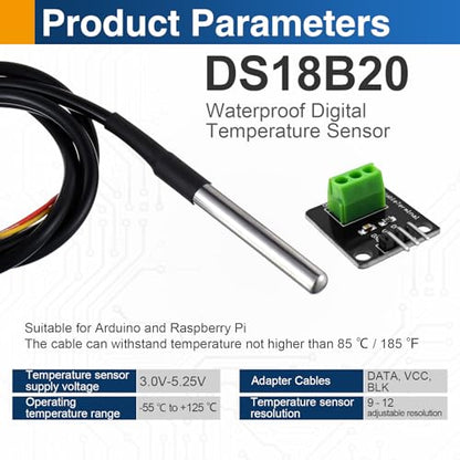 4 Pack DS18B20 Waterproof Temperature Sensor Probe, Stainless Steel Digital Sensor with Adapter Cable, Compatible with Arduino, Raspberry Pi, ESP32
