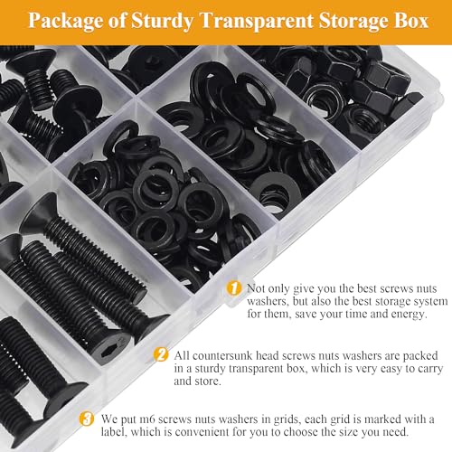 150 Pieces M6 Screws Nuts Washers Set Black, Sutemribor M6 x 8/10/12/16/20/25/30mm Countersunk Head Socket Cap Screws Nuts Washers Assortment Kit, 10.9 Grade Alloy Steel, Fully Threaded - size: M6, style: Countersunk Head Socket Cap